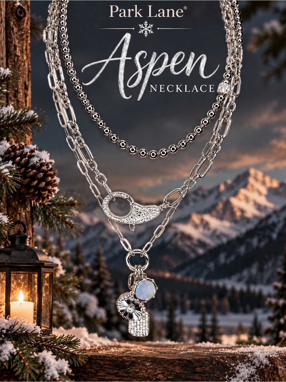 Park Lane Women’s Aspen Necklace Silver Layered Chain Crystal Charm Statement